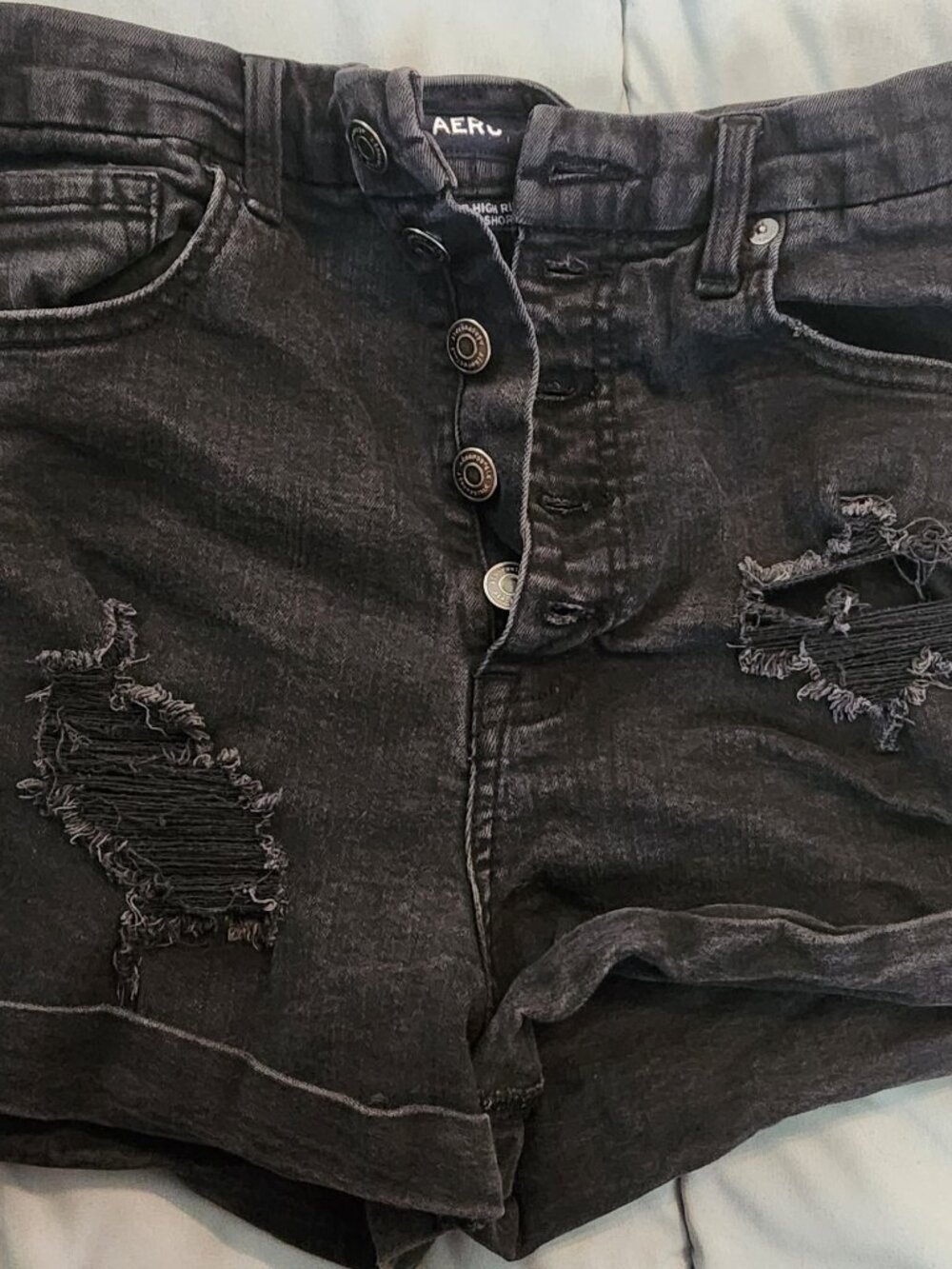 American Eagle Denim Shorts Womens 12 Black High Rise Curvy Distressed Button